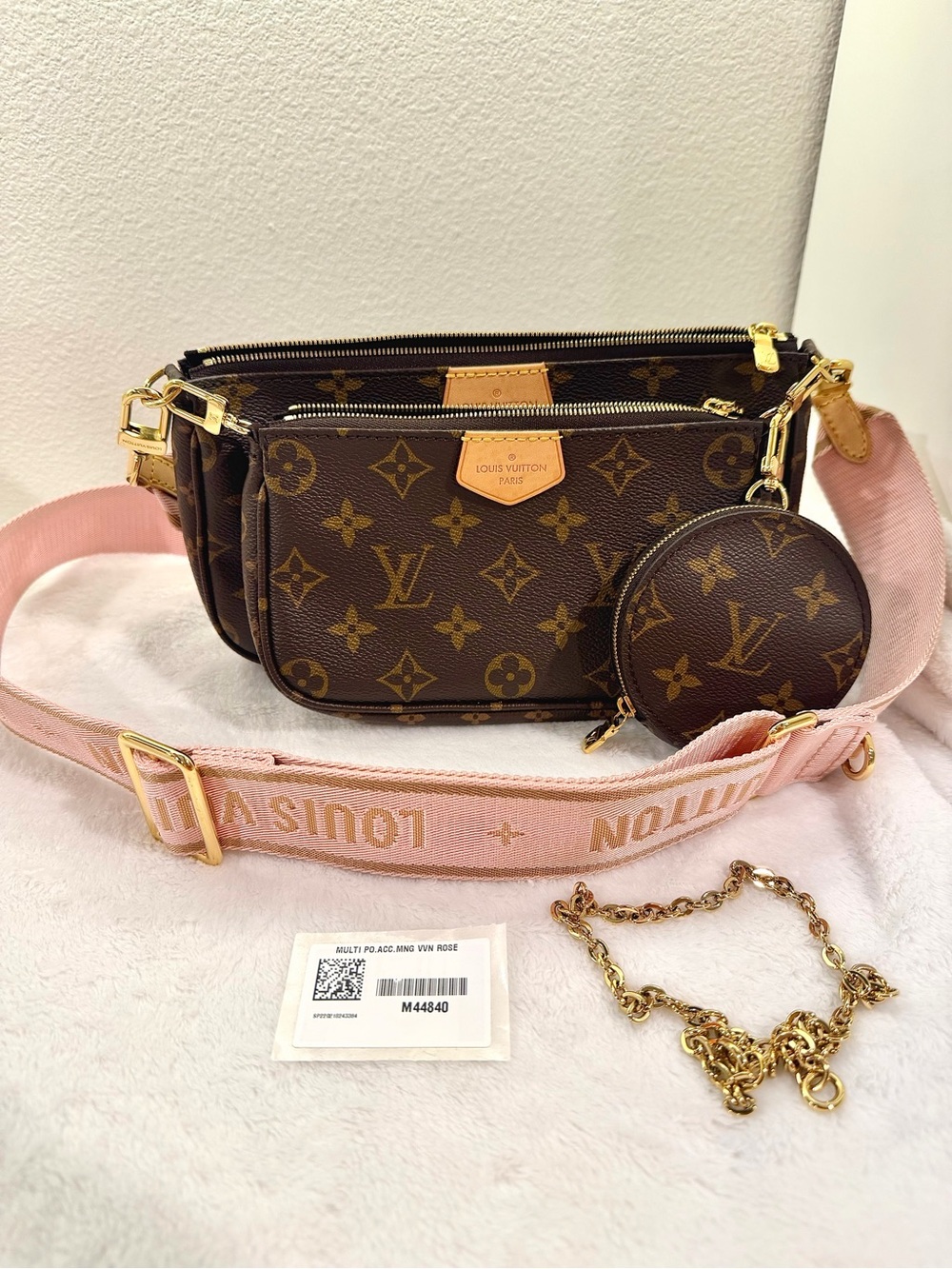 Louis Vuitton Monogram Multi-Pochette with Pink Strap and Gold Hardware